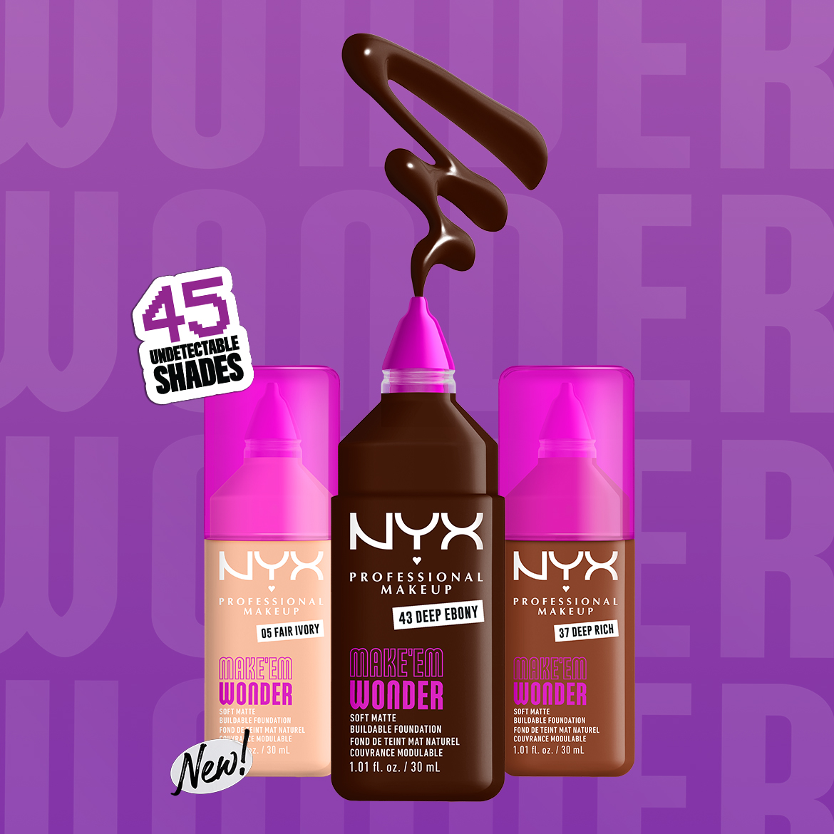 Nieuwe NYX Professional Makeup Make'Em Wonder foundation in 45 ondetecteerbare tinten, hier getoond in 05 Fair Ivory, 43 Deep Ebony en 37 Deep Rich.