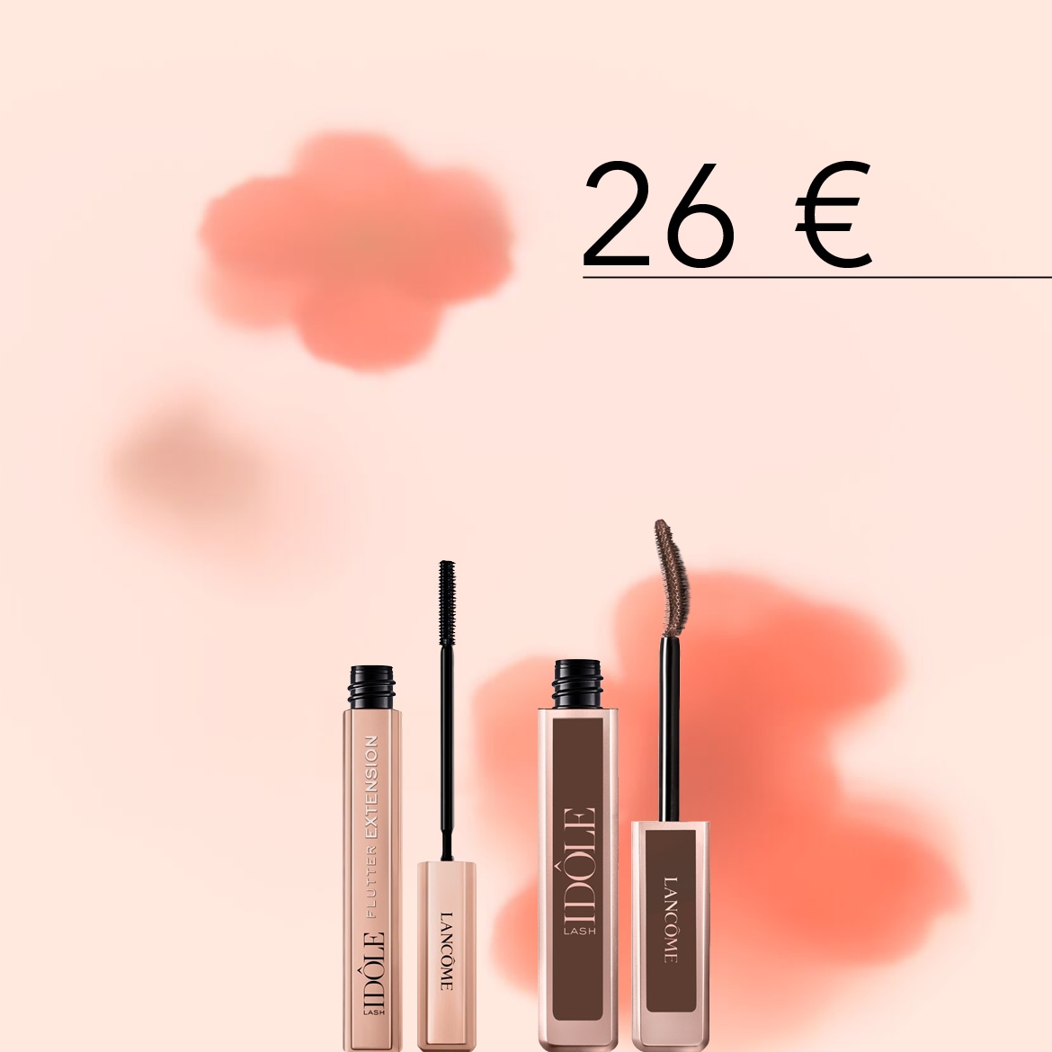 Découvrez le mascara Lancôme Idôle Lash en beige et marron, offrant volume et longueur, maintenant à 26 €.