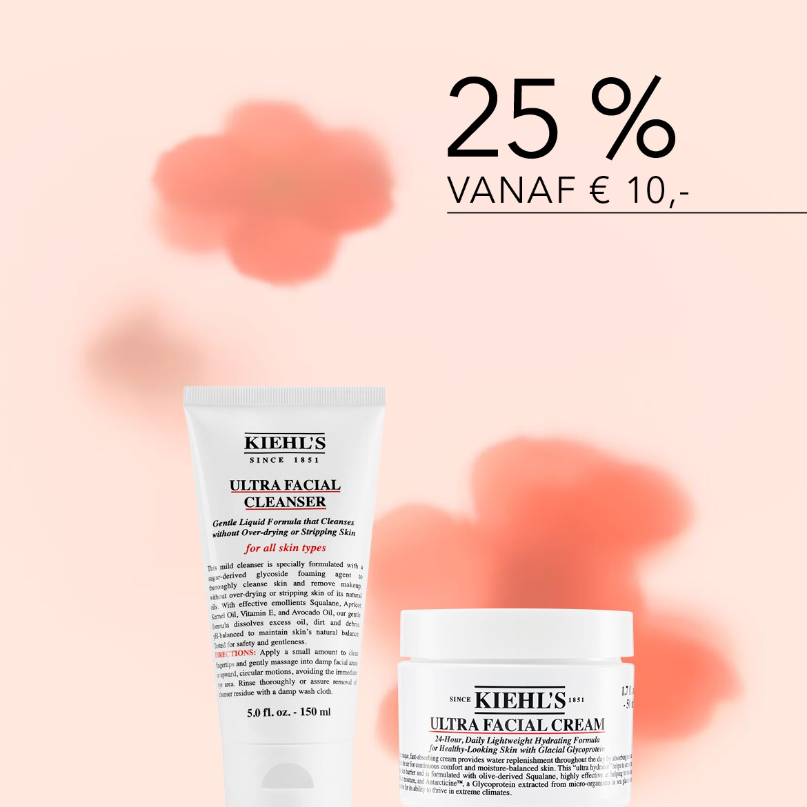 Kiehl's Ultra Facial Cleanser en Ultra Facial Cream, beide met 25% korting vanaf € 10,-, voor een gezonde en gehydrateerde huid.