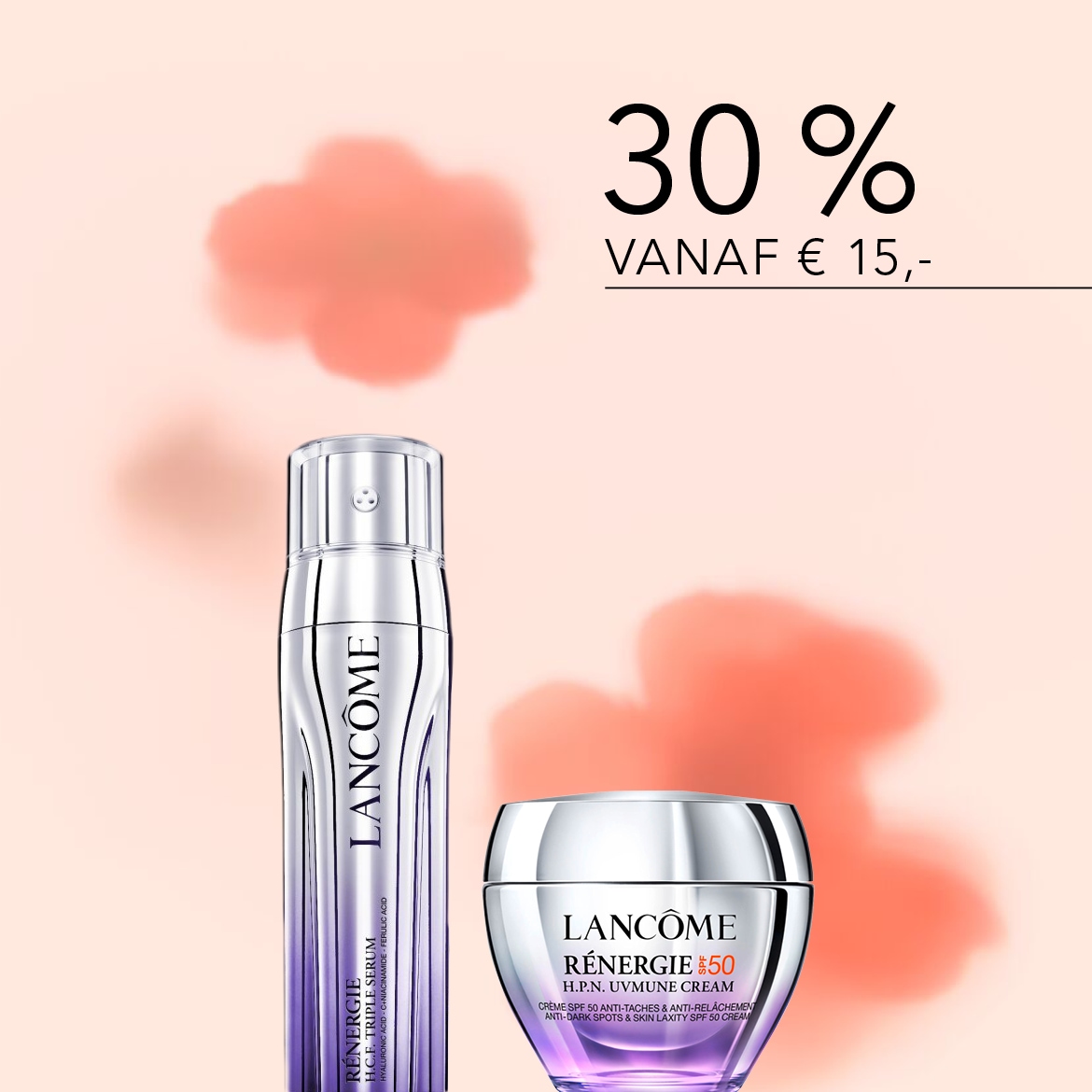 Geniet van 30% korting vanaf € 15 op Lancôme Rénergie H.C.F. Triple Serum in een zilveren fles en Rénergie #50 H.P.N. UVMUNE Crème in een zilveren pot.