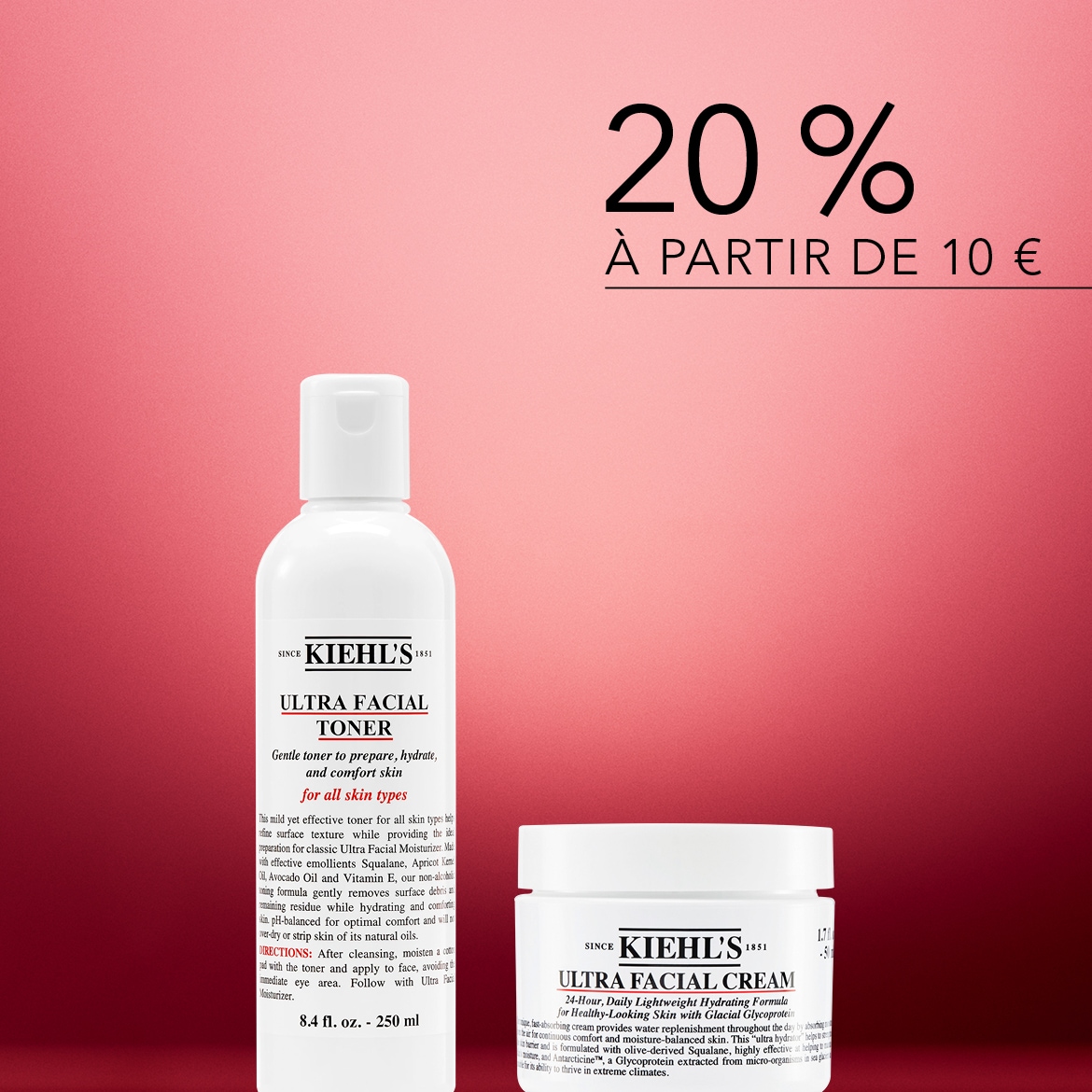 Découvrez le tonique et la crème Ultra Facial de Kiehl's, conçus pour hydrater et adoucir tous les types de peau, avec 20 % de réduction à partir de 10 €.