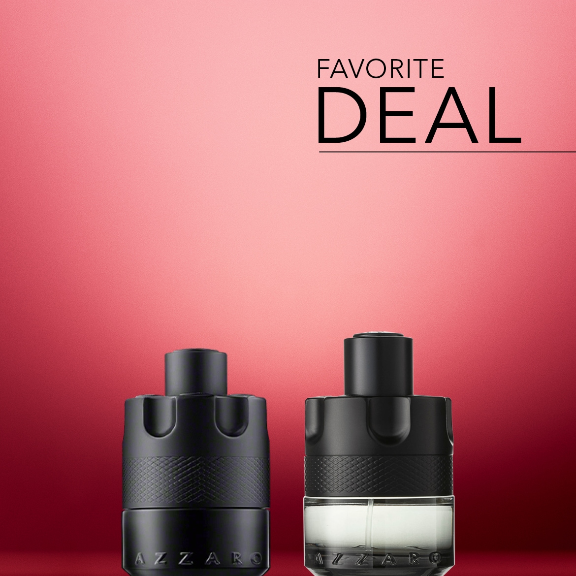 Ontdek de favoriete deal: Azzaro Wanted geuren in zwarte flacons tegen een rode achtergrond.