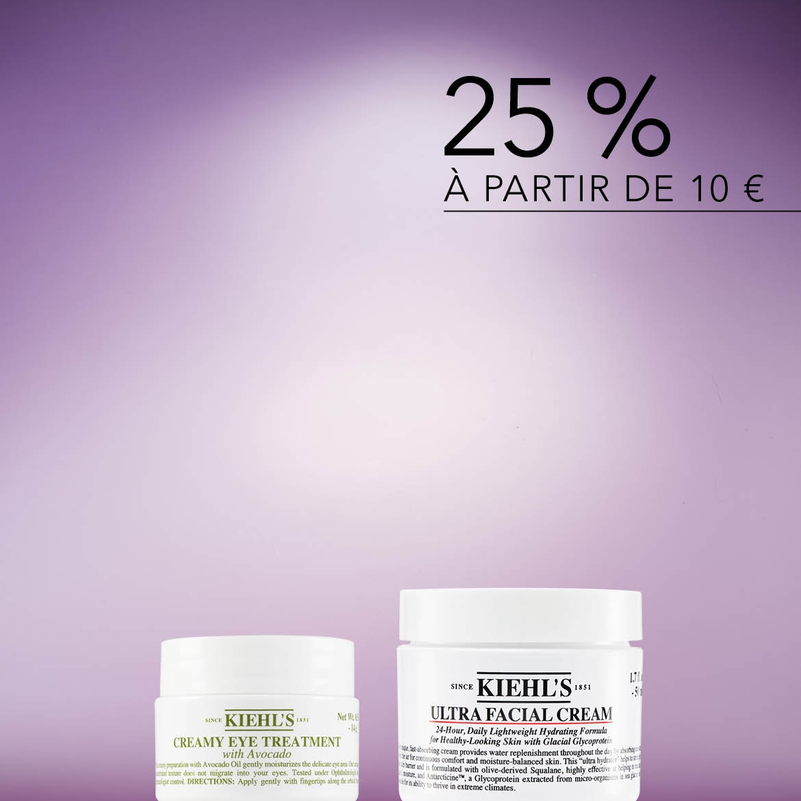 Profitez de 25% de réduction à partir de 10 € sur les soins Kiehl's, incluant la crème onctueuse pour les yeux à l'avocat et la crème ultra-faciale hydratante.