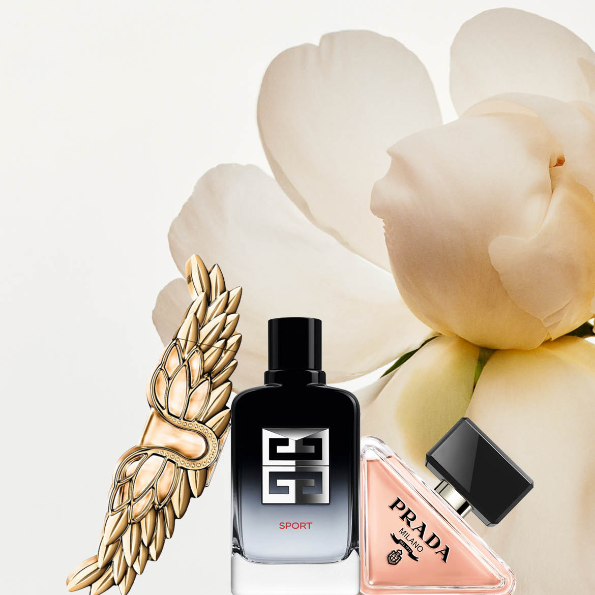 Ontdek een trio van geuren: een gouden sieraad, een zwarte Givenchy Sport-fles en een roze Prada Milano-flacon, tegen een achtergrond van zachte bloemblaadjes.