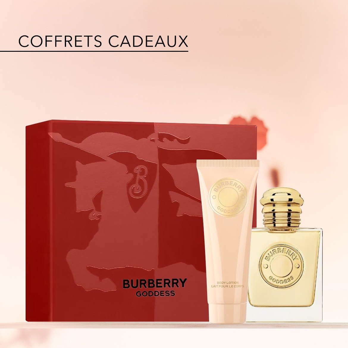 Découvrez le coffret cadeau Burberry Goddess, comprenant un parfum, une lotion pour le corps, le tout présenté dans un élégant coffret rouge.