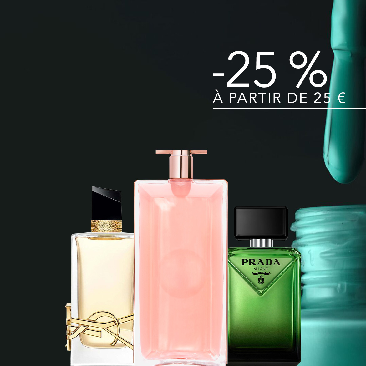 Profitez de 25% de réduction dès 25 euros d'achat sur une selection de parfums comprenant Yves Saint Laurent, Lancôme et Prada, et shoppez votre favori dès maintenant.