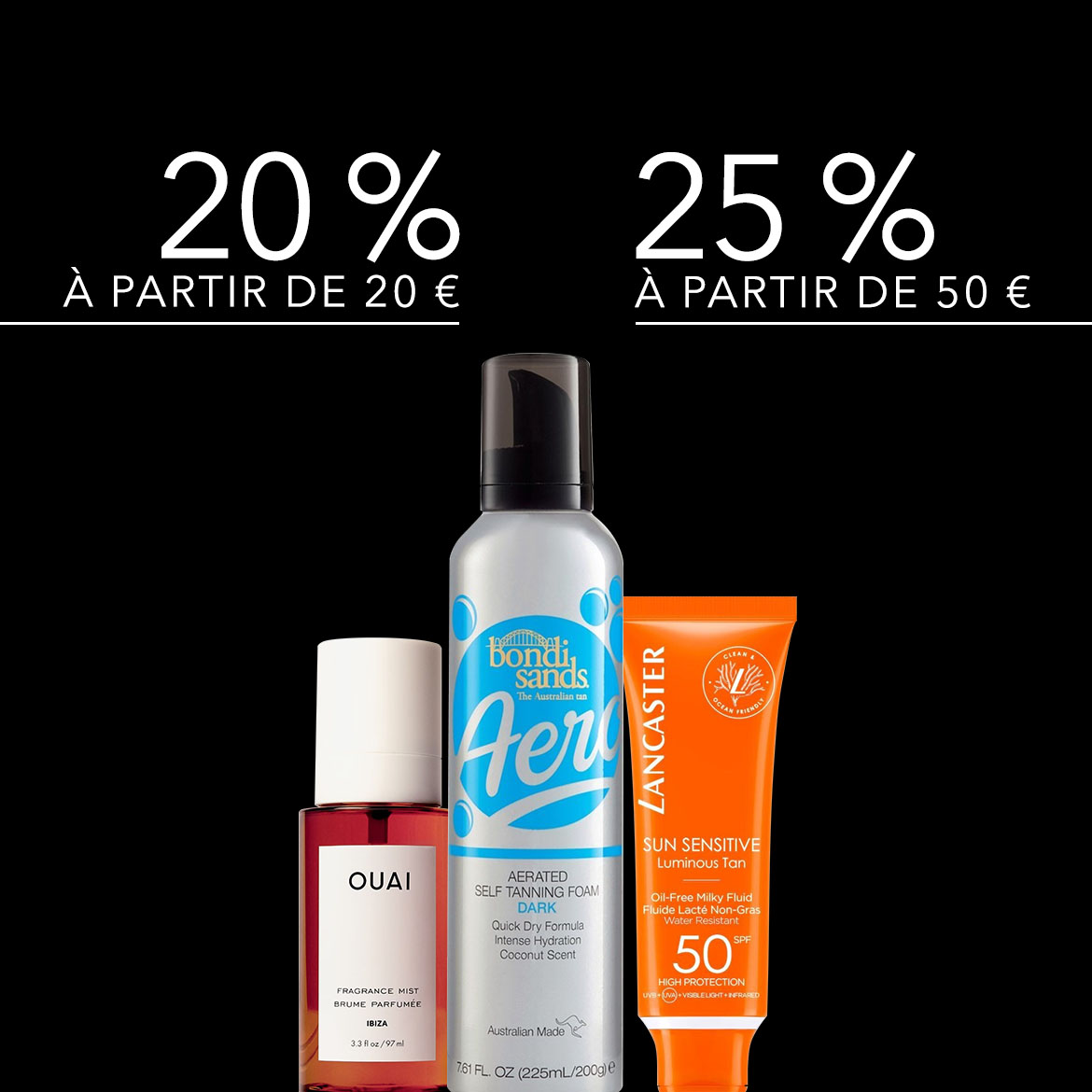 Découvrez une sélection de produits de bronzage et de soins solaires : profitez de 20% de réduction à partir de 20€ d'achat et 25% à partir de 50€.