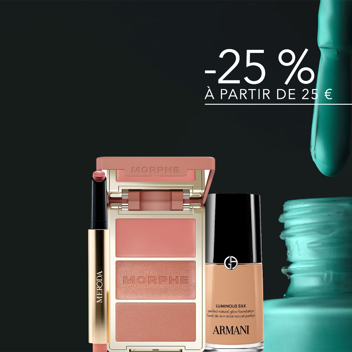 Profitez de -25% dès 25 € d'achat sur une sélection de maquillage incluant un blush Morphe, un fond de teint Giorgio Armani et un rouge à lèvres. Achetez dès maintenant!