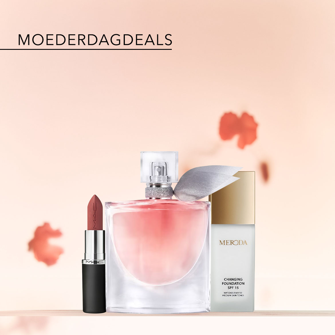 Ontdek Moederdagdeals met een roze parfumfles, een MAC lipstick en Meroda foundation.