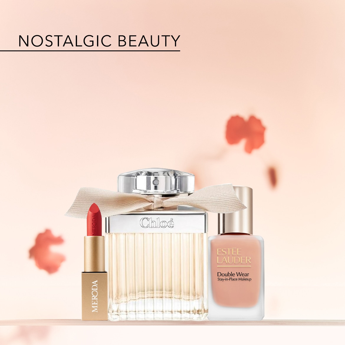 Ontdek de nostalgische schoonheid met Chloé parfum, Estée Lauder Double Wear foundation en Meroda lipstick, een perfecte combinatie voor een tijdloze look.
