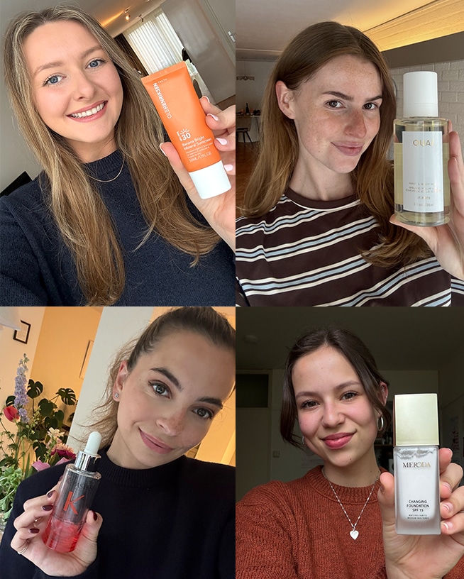 Vier personen tonen een verscheidenheid aan schoonheidsproducten, waaronder Doctor Babor crème in een zilveren pot, Givenchy parfum in een heldere fles, Clinique foundation in een beige fles en One Two Free zonnebrandcrème in een roze tube.