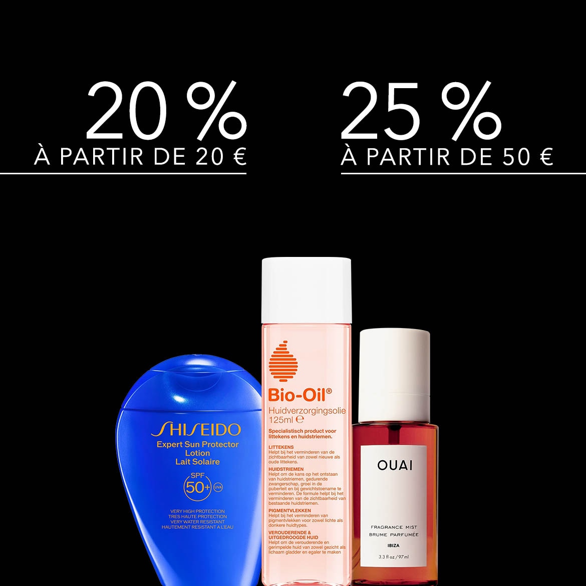 Profitez de 20 % de réduction à partir de 20 € et de 25 % à partir de 50 € sur une sélection de produits de soin solaire et de beauté.