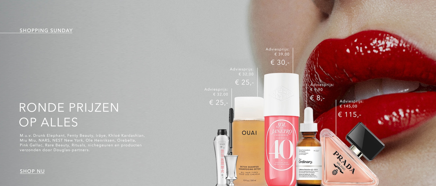 Ontdek ronde prijzen op alles van merken zoals Benefit, OUAI, Sol de Janeiro, The Ordinary en Prada, tijdens Shopping Sunday bij Douglas, dus shop nu!