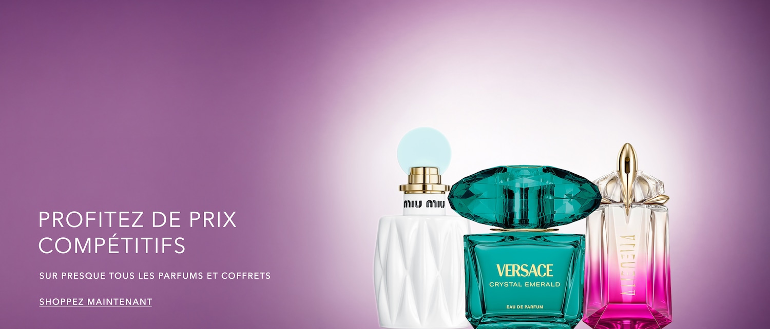 Profitez de prix compétitifs sur presque tous les parfums et coffrets, avec des flacons de parfum Miu Miu blanc, Versace émeraude et Alien rose mis en avant. Shoppez maintenant!