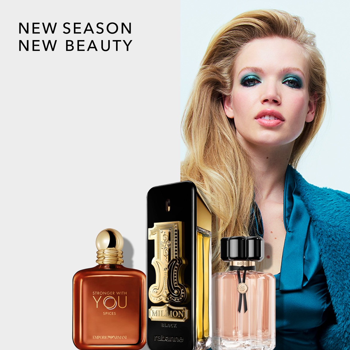Ontdek de nieuwe collectie parfums voor een nieuw seizoen en een nieuwe look, met een blonde vrouw die blauwe oogschaduw draagt en een blauwe jas.