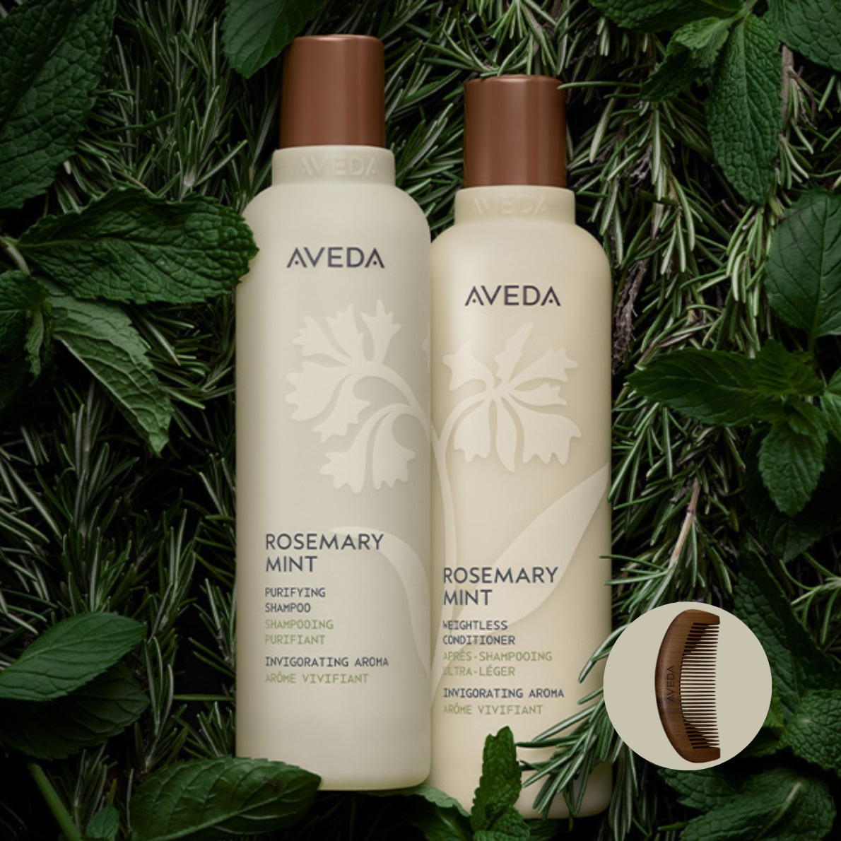 Découvrez le shampooing purifiant et l'après-shampooing léger Rosemary Mint d'Aveda, infusés d'un arôme vivifiant pour une expérience sensorielle unique.