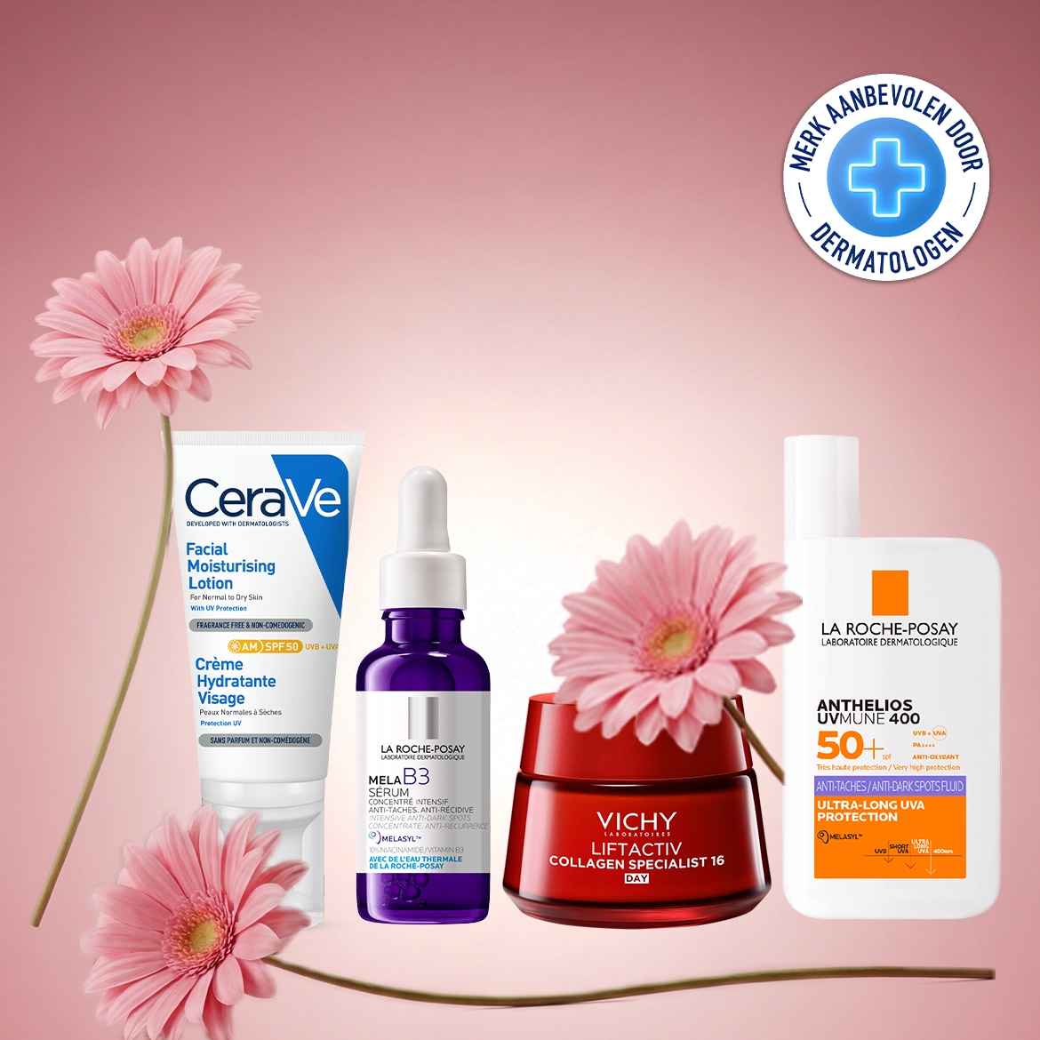 Ontdek de Cerave gezichtslotion, La Roche-Posay MelaB3 serum, Vichy Liftactiv collageen specialist en La Roche-Posay Anthelios UVMUNE 400 voor een complete huidverzorging.