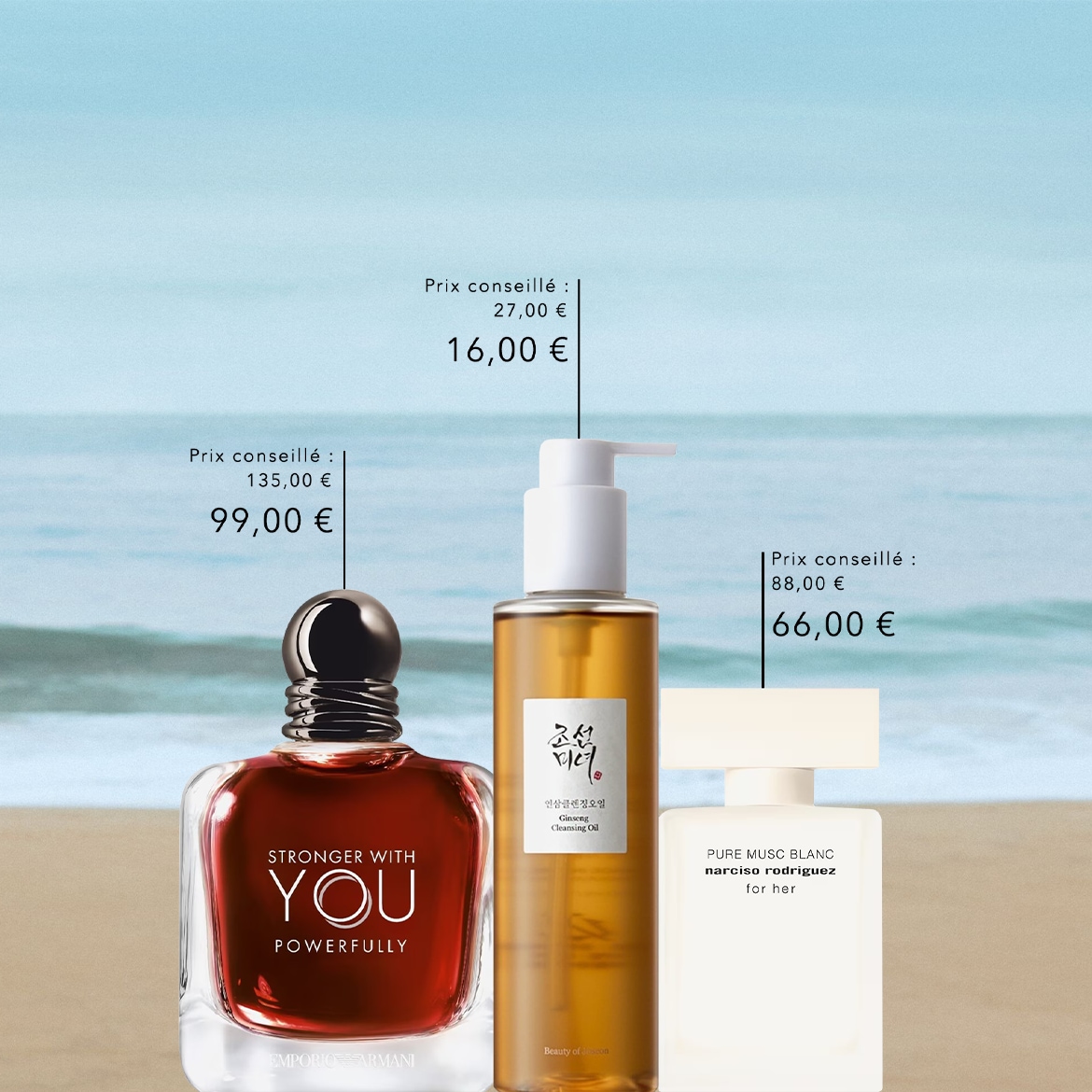Découvrez le parfum Emporio Armani Stronger With You, l'huile nettoyante Ginseng et le parfum Pure Musc Blanc Narciso Rodriguez, tous à prix réduit.