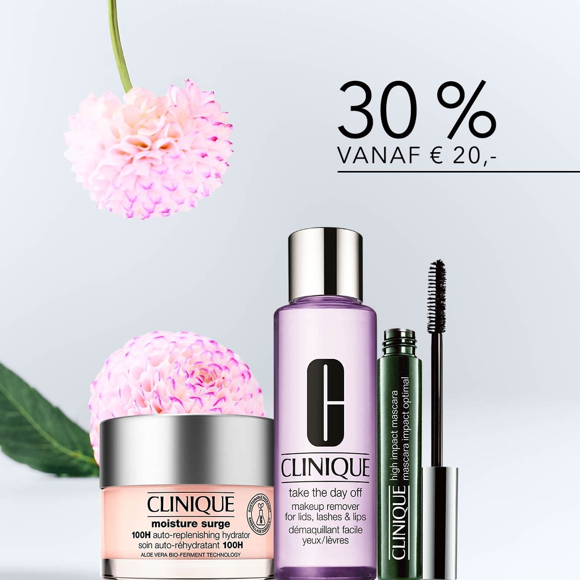 Ontdek Clinique's Moisture Surge, een hydraterende crème, de zachte make-up remover en de high impact mascara, nu met 30% korting vanaf €20.