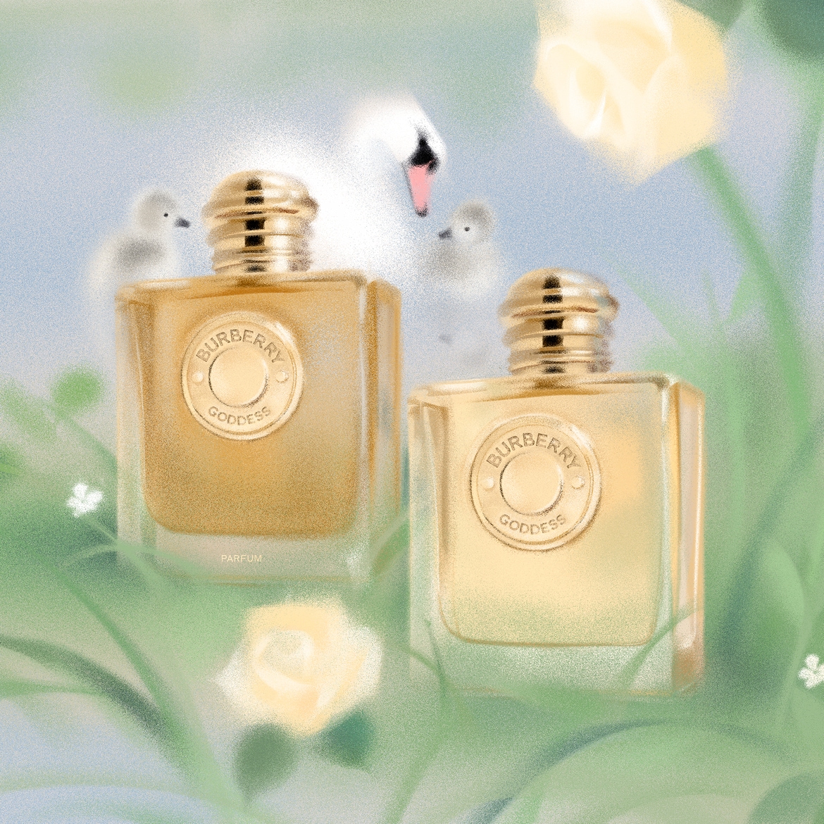 Découvrez Burberry Goddess, un parfum lumineux dans un flacon doré, orné du logo emblématique, évoquant l'élégance et le luxe.