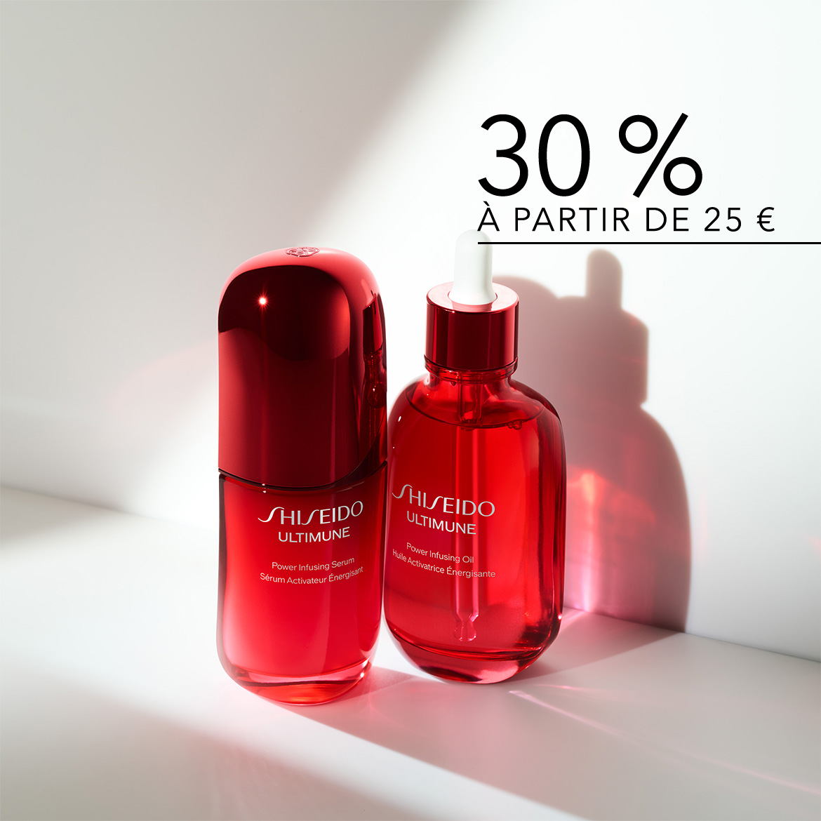 Découvrez Shiseido Ultimune, sérum et huile activatrice énergisante, avec 30% de réduction à partir de 25 €.