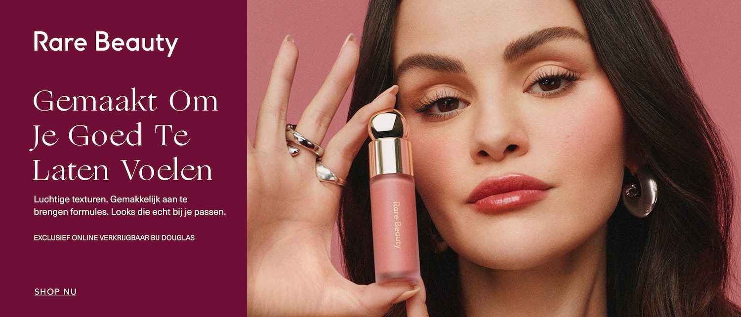 Rare Beauty product is presented by a model with light textures and easy-to-apply formulas, exclusively available online at Douglas; shop now.