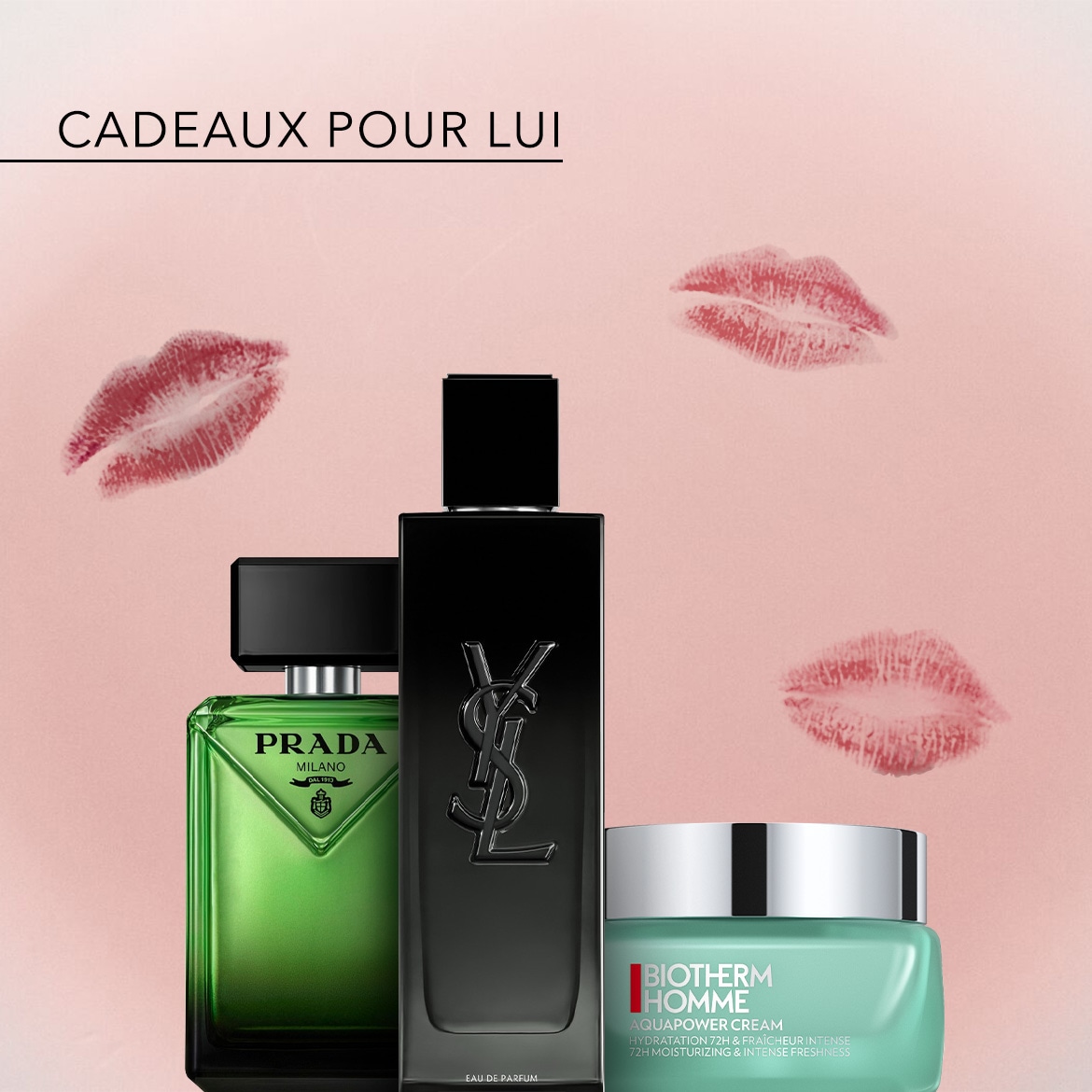 Découvrez une sélection de parfums et de soins pour hommes, incluant le parfum Prada vert, le parfum YSL noir et la crème Biotherm Homme Aquapower pour une hydratation intense.