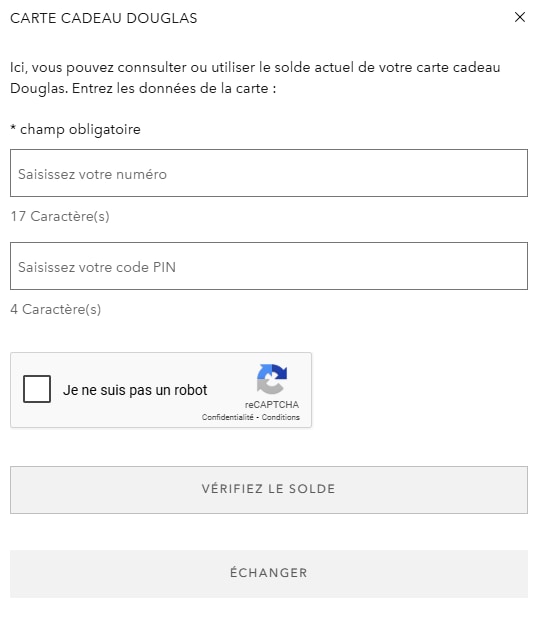 Vérifiez le solde de votre carte cadeau Douglas en entrant votre numéro de carte (17 caractères) et votre code PIN (4 caractères), puis cochez la case reCAPTCHA.