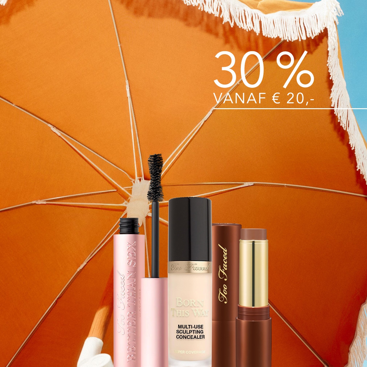 Ontdek de Too Faced Better Than Sex mascara, Born This Way multi-use sculpting concealer en een contourstick, nu met 30% korting vanaf €20.