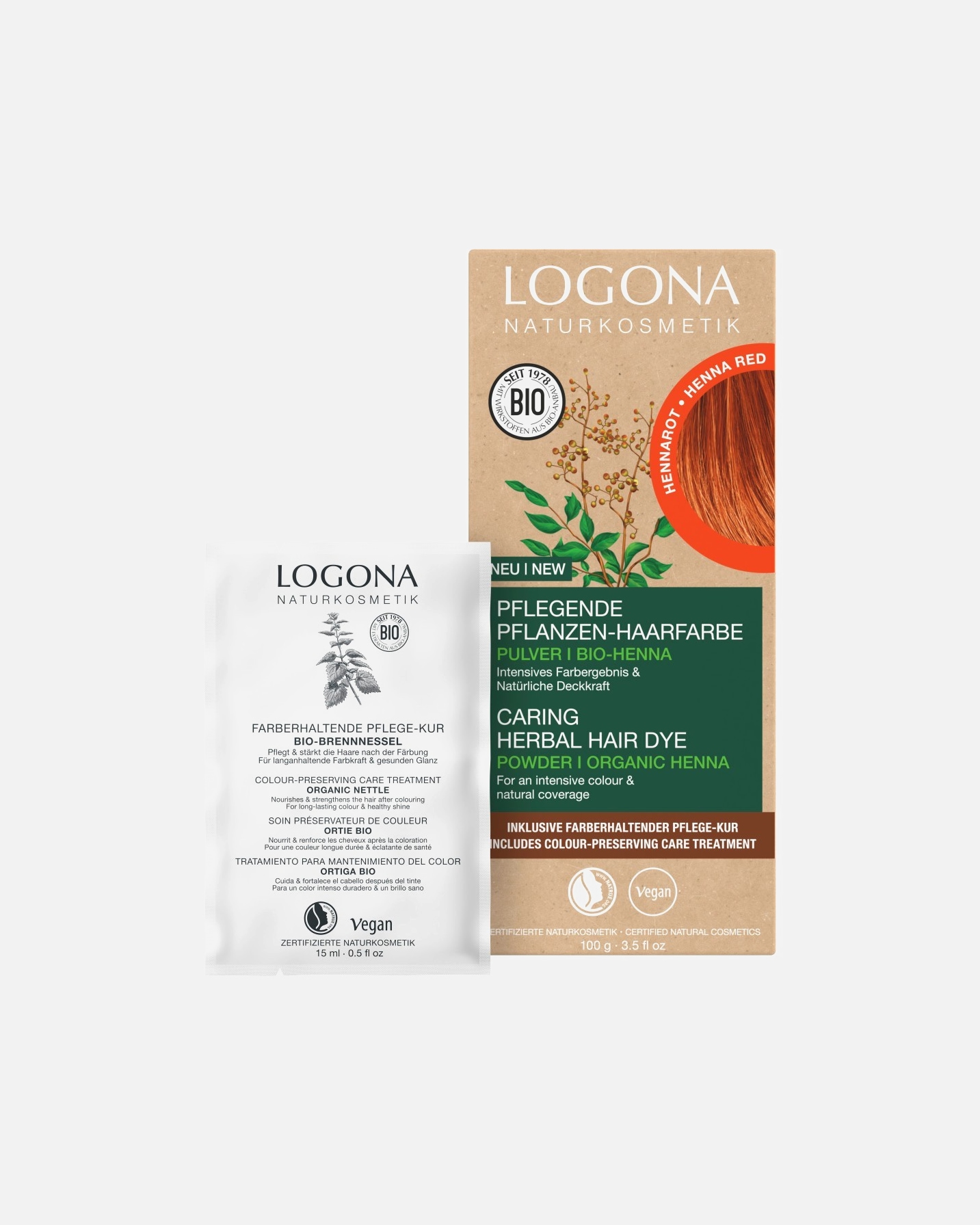 Plantaardige haarverf voor UnisexLogonaVoedend plantaardig haarkleurpoederNr. 04 - Hennarot