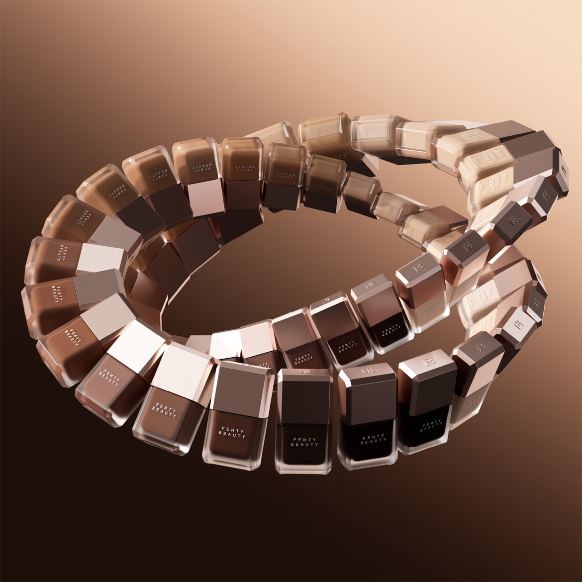 Une spirale de flacons de fond de teint Fenty Beauty dans différentes nuances de peau, allant du clair au foncé, est posée sur un fond marron.
