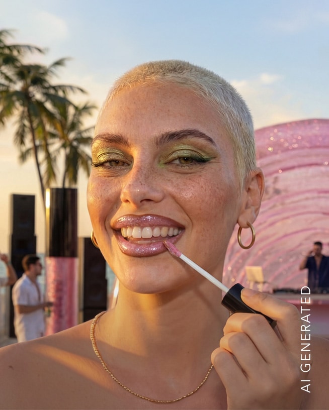Une femme aux cheveux blonds, les bras levés, porte un bikini noir orné de strass et un fard à paupières argenté scintillant, capturant un look estival éblouissant.