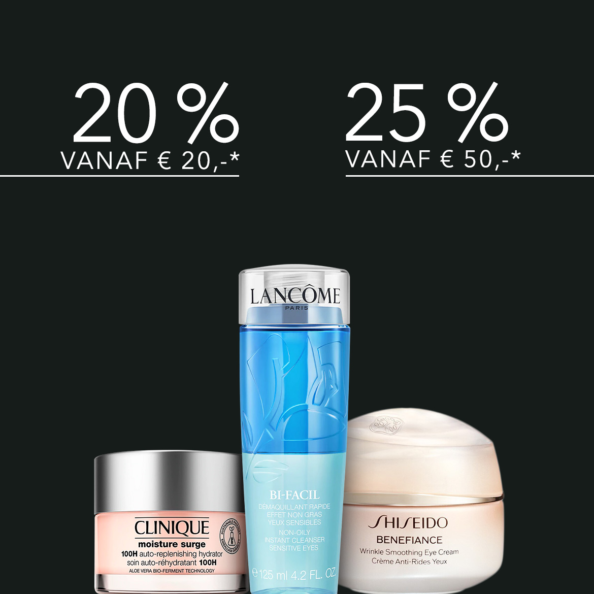 Ontdek Clinique Moisture Surge, Lancôme Bi-Facil oogmake-upremover en Shiseido Benefiance oogcrème, nu met kortingen vanaf €20!