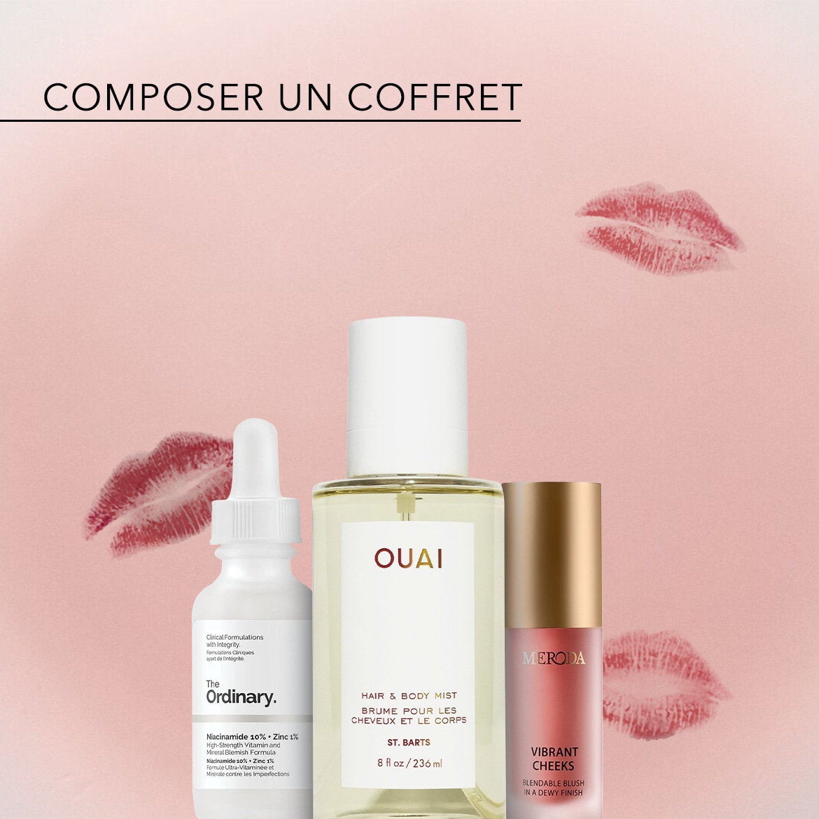 Découvrez un coffret beauté avec The Ordinary, OUAI et Meroda, comprenant un sérum, une brume pour cheveux et corps, et un blush pour un fini éclatant.