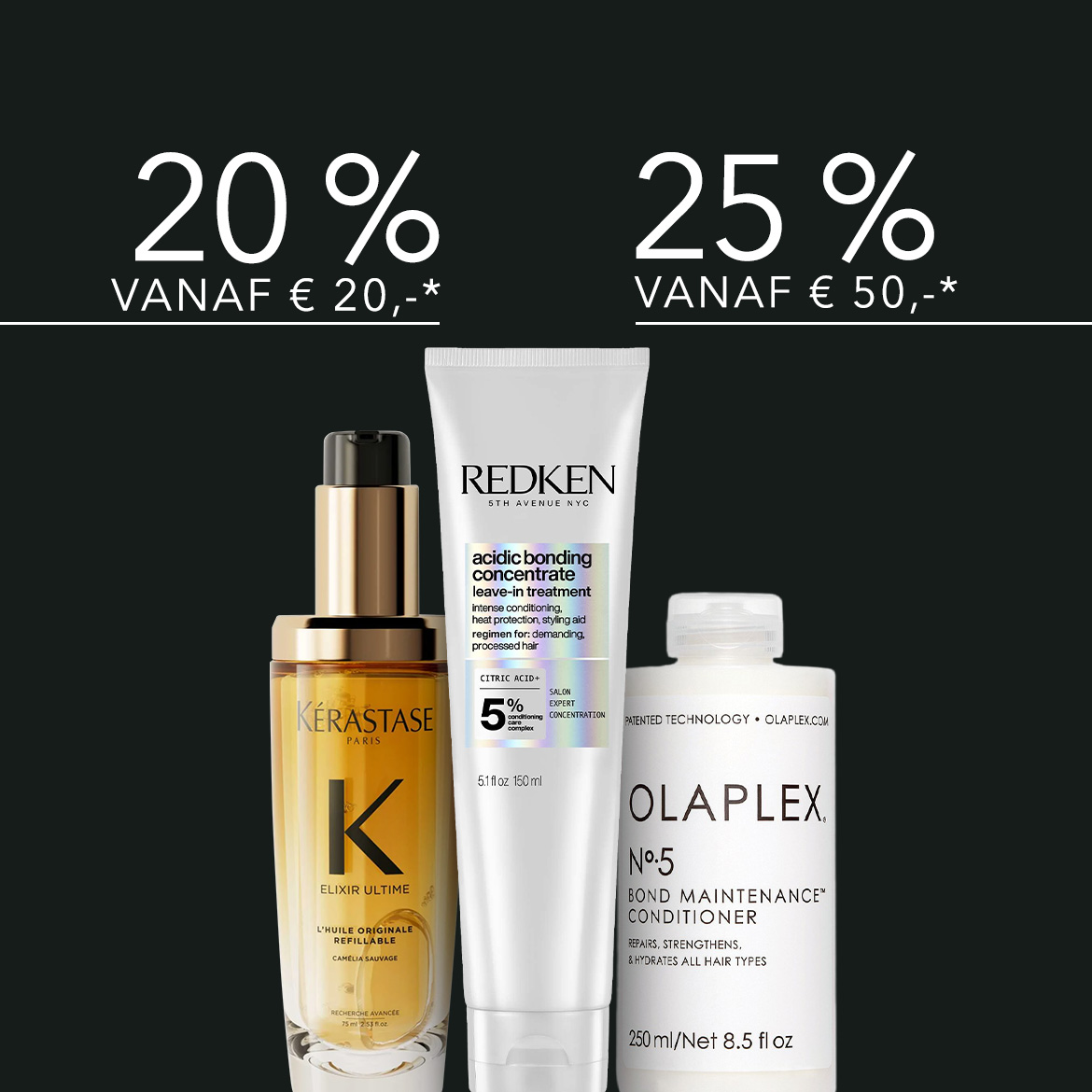 Ontdek haarverzorgingsproducten van Kérastase Elixir Ultime, Redken Acidic Bonding Concentrate leave-in treatment en Olaplex No.5 Bond Maintenance Conditioner.