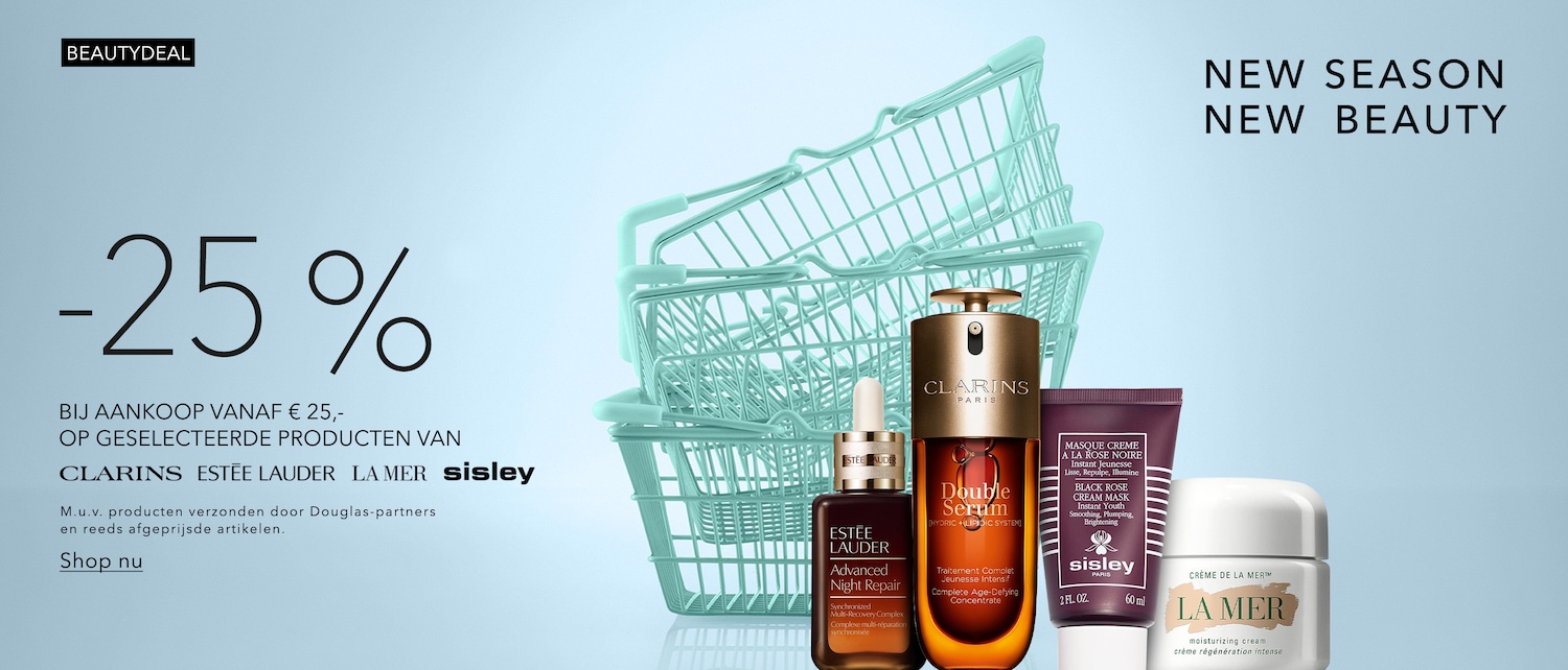 Ontdek de Beautydeal met 25% korting op geselecteerde producten van topmerken zoals Clarins, Estée Lauder, La Mer en Sisley bij aankoop vanaf €25.