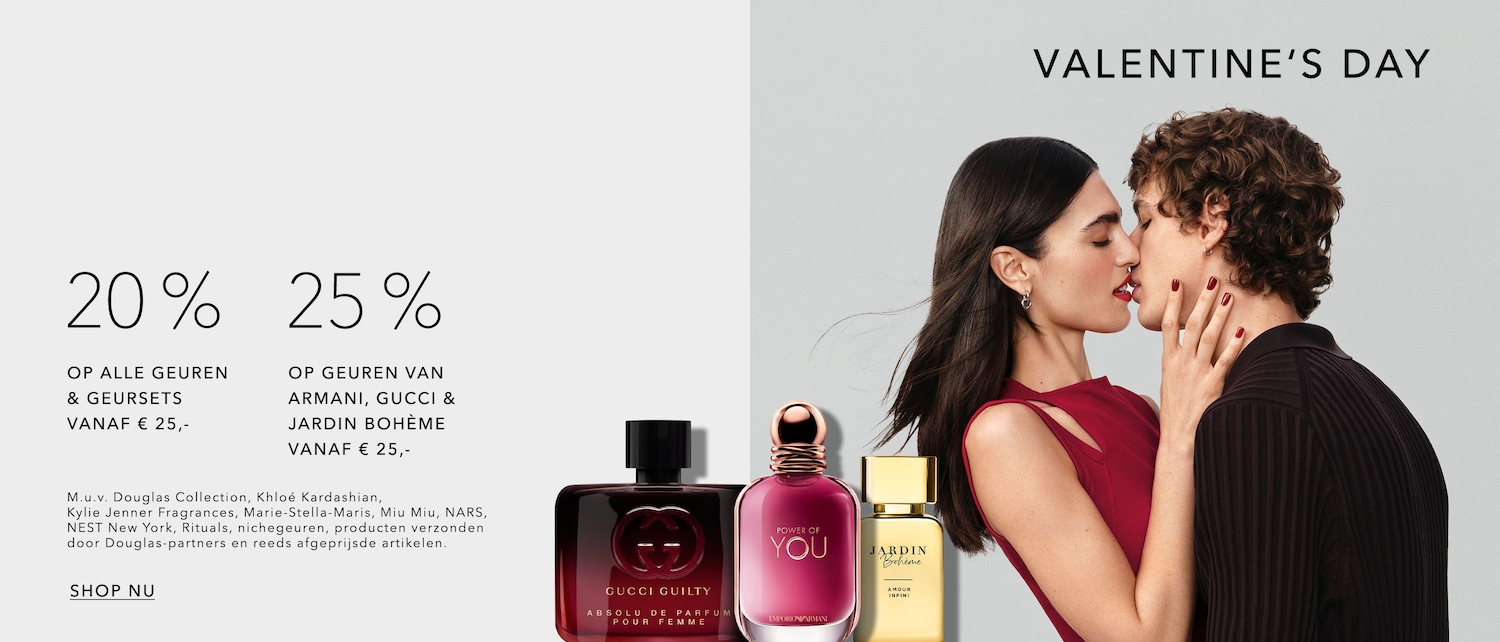 Vier Valentijnsdag met 20% korting op alle geuren en geursets, of 25% korting op geuren van Armani, Gucci & Jardin Bohème, vanaf € 25.