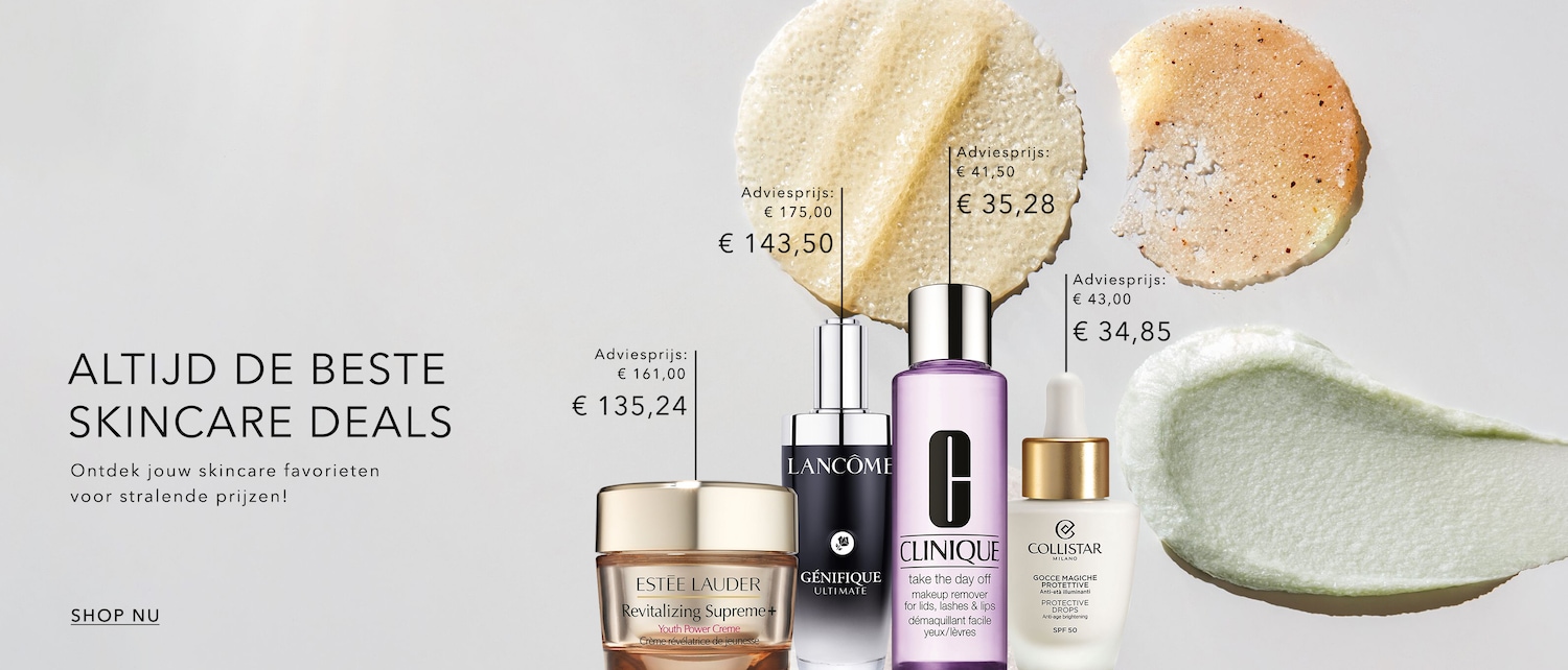 Ontdek de beste huidverzorgingsdeals met Estée Lauder Revitalizing Supreme+ crème, Lancôme Génifique Ultimate, Clinique make-up remover en Collistar Protective Drops.