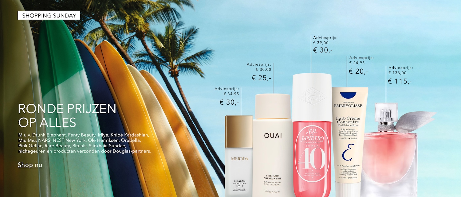 Ontdek de Shopping Sunday aanbiedingen met ronde prijzen op alles, inclusief merken zoals Drunk Elephant, Fenty Beauty en NARS, met kortingen tot wel €115 op geselecteerde producten.