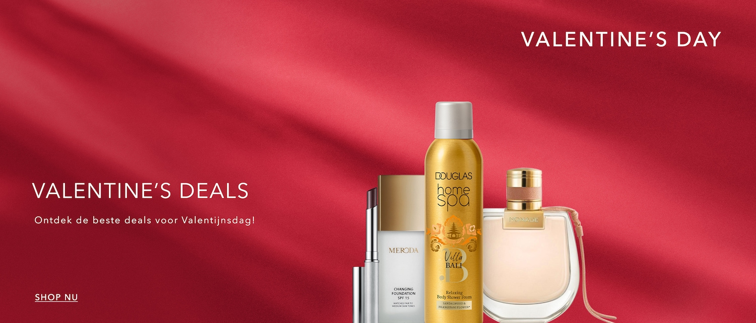 Vier Valentijnsdag met de beste deals: ontdek make-up van Meroda, douchefoam van Douglas Home Spa en parfum van Nomade.