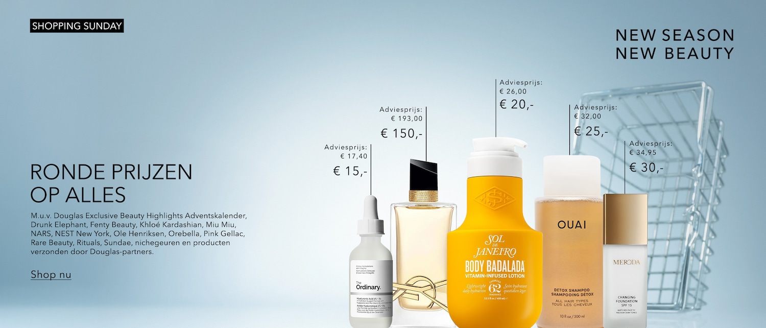 Ontdek de "SHOPPING SUNDAY" aanbiedingen met "RONDE PRIJZEN OP ALLES", inclusief merken zoals The Ordinary, Sol de Janeiro, OUAI en Meroda, met kortingen tot wel 43%.
