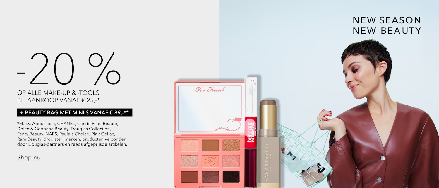 Ontdek 20% korting op make-up en tools bij een aankoop vanaf €25, met uitzonderingen zoals About-face en CHANEL, en ontvang een beauty bag met mini's vanaf €89.