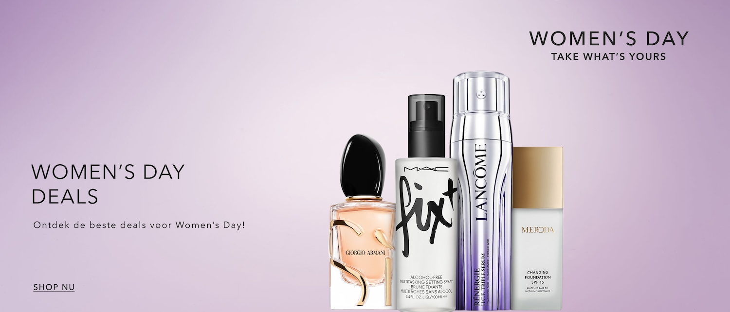 Vier Vrouwendag met topmerken: Giorgio Armani parfum, MAC Fix+ setting spray, Lancôme Rénergie serum en Meroda foundation, allemaal in elegante verpakkingen.