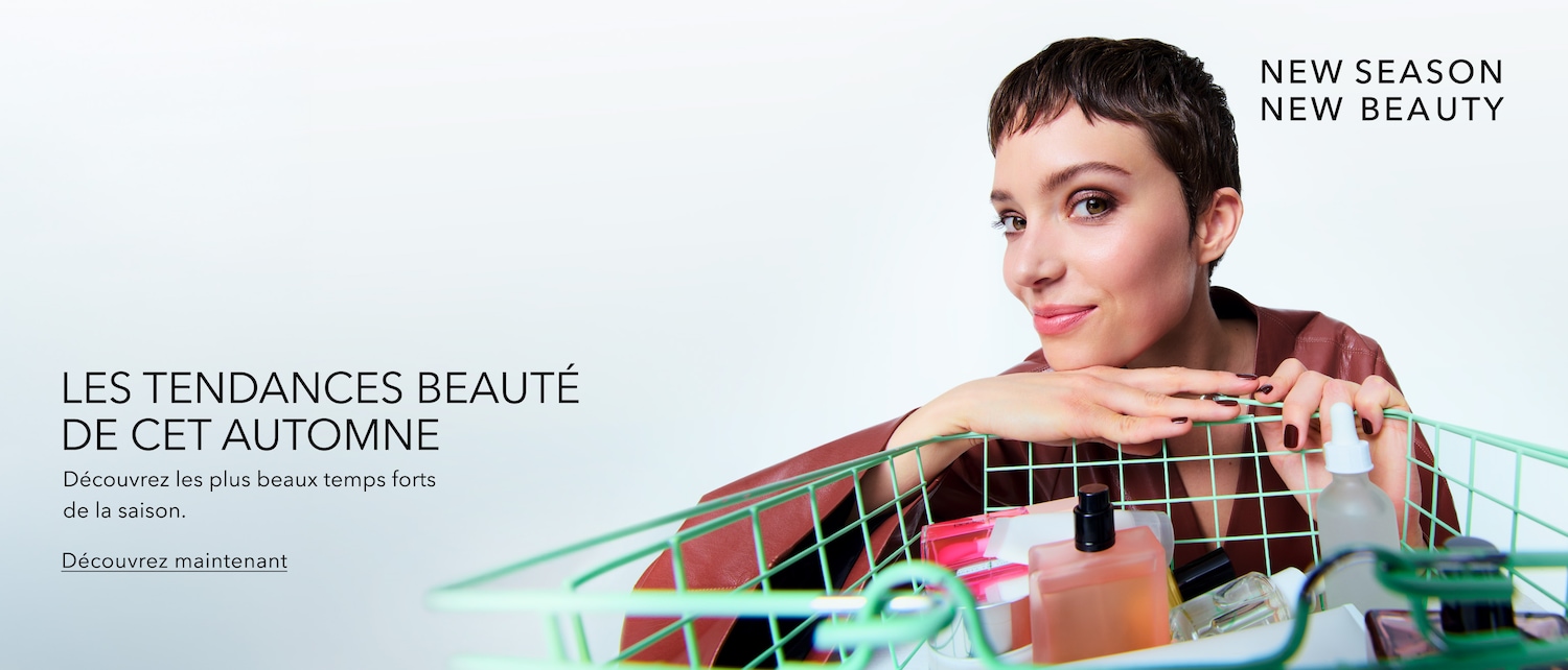Découvrez les dernières tendances beauté de l'automne et les plus beaux moments forts de la saison avec le texte "NEW SEASON NEW BEAUTY" et "DÉCOUVREZ MAINTENANT".