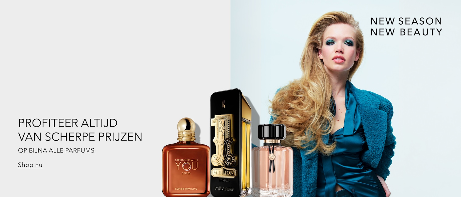 Ontdek de nieuwe collectie parfums en geniet van scherpe prijzen op bijna alle geuren, met een blonde vrouw die blauwe oogschaduw draagt en drie parfumflessen op de voorgrond.