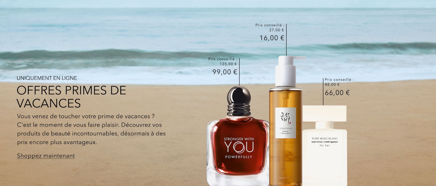 Découvrez les offres exceptionnelles de vacances en ligne avec des réductions sur des produits de beauté incontournables comme les parfums Emporio Armani et Narciso Rodriguez, et l'huile nettoyante Ginseng.