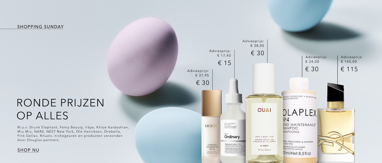 De banner toont een verscheidenheid aan schoonheidsproducten, waaronder foundations, serums, haarverzorgingsproducten en parfums, met ronde prijzen op alles.