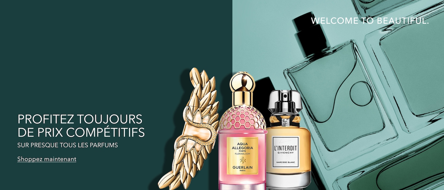 Découvrez des parfums comme Aqua Allegoria Forte Florabloom de Guerlain et L'Interdit de Givenchy, présentés avec une décoration dorée sur un fond vert foncé.
