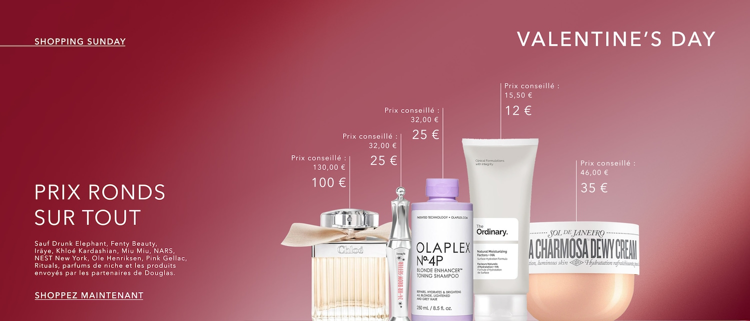 Profitez des offres spéciales Saint-Valentin et Shopping Sunday sur une sélection de parfums et de soins de marques comme Olaplex, Chloé et Sol de Janeiro.