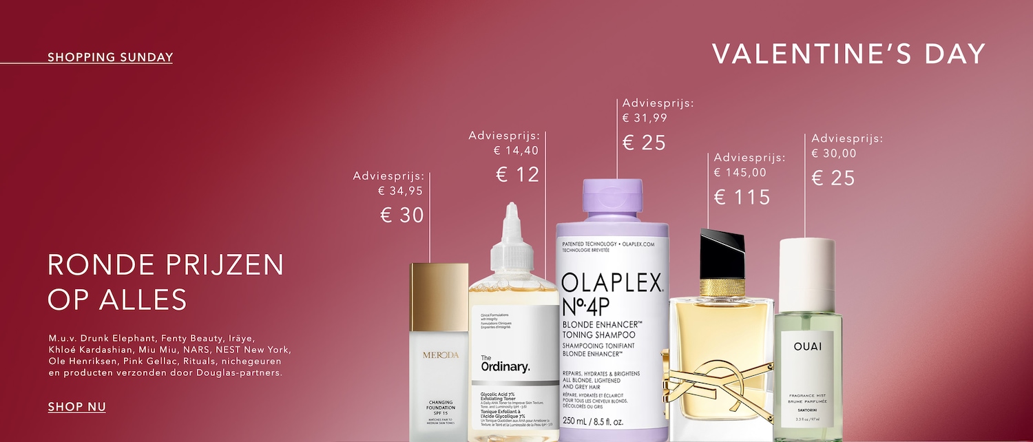 Ontdek de 'Shopping Sunday' en 'Valentine's Day' aanbiedingen met ronde prijzen op alles, inclusief merken zoals Drunk Elephant en Olaplex.